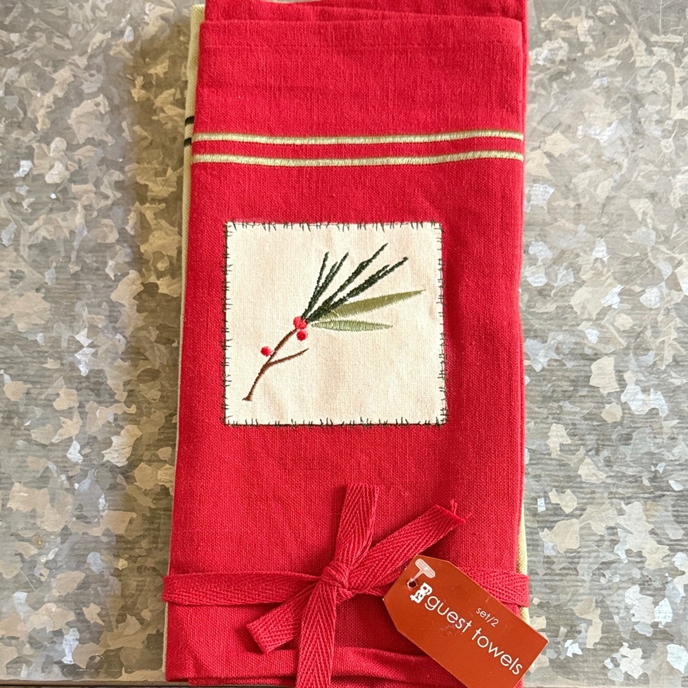 Crate and Barrel Green and Red Embroidered Towel